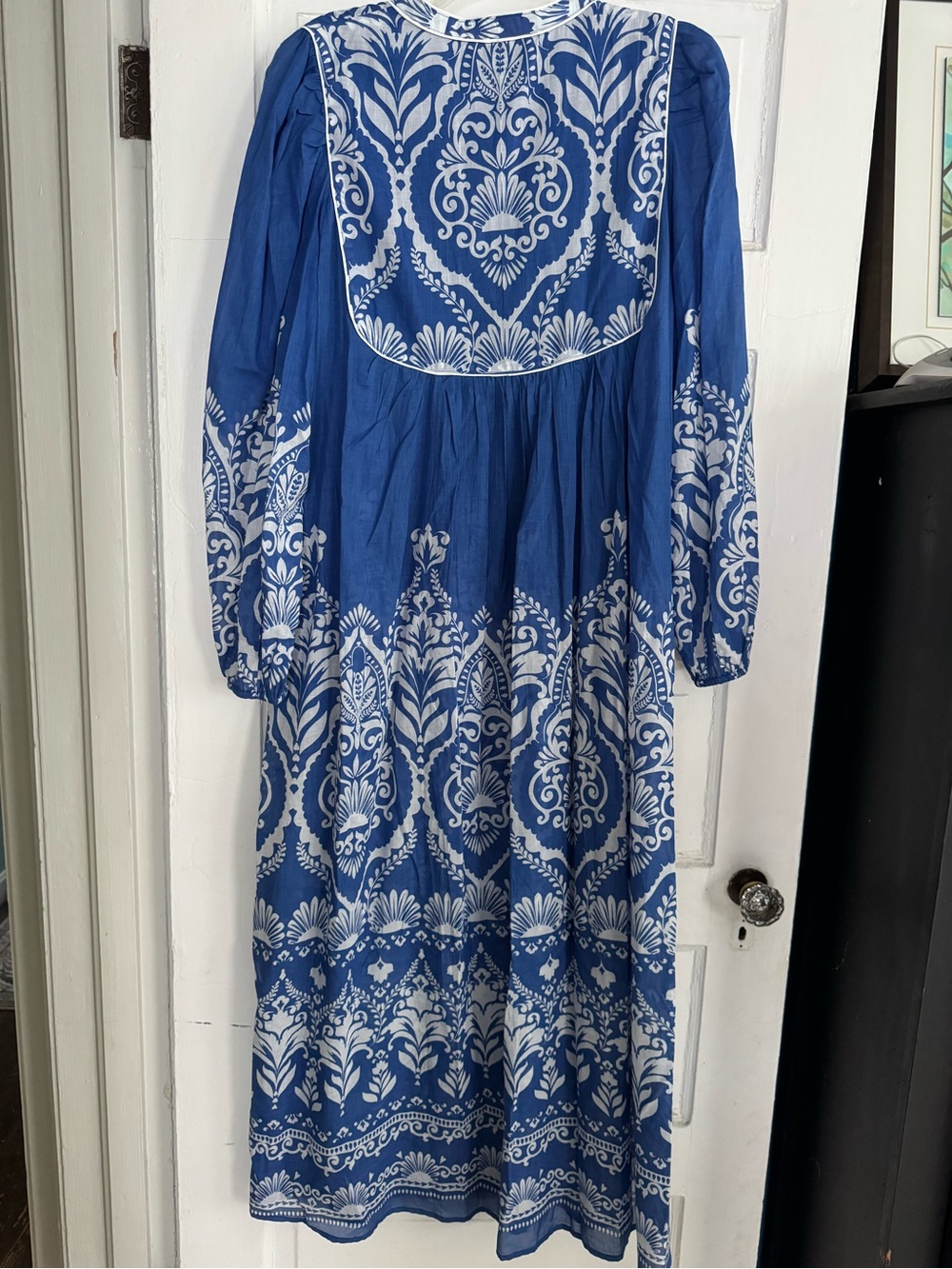 Biden Blue and White Printed Maxi Dress with Tassel Tie - Picture 4 of 4